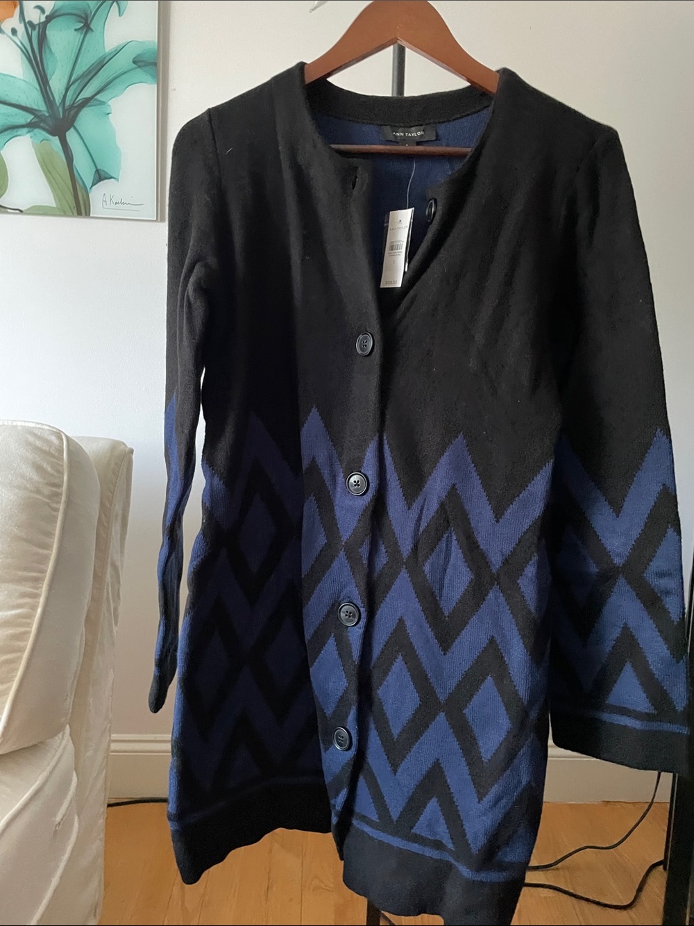 Ann Taylor Black long cardigan with Navy Knit Lining